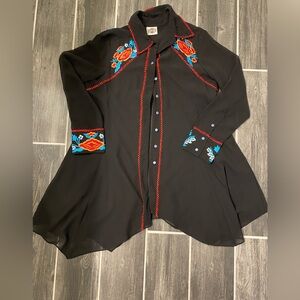 ROD'S Western Long Blouse Shirt Dress Bohemian Embroidered Navajo Pearl Buttons
